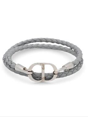Christian Dior CD Braided Double-Wrap Bracelet Silver Tone Logo Clasp Light Gray